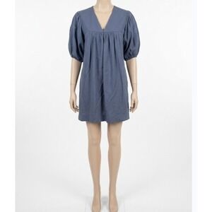 Mirth Belem Dress Medium Blue puff sleeves cotton linen blend